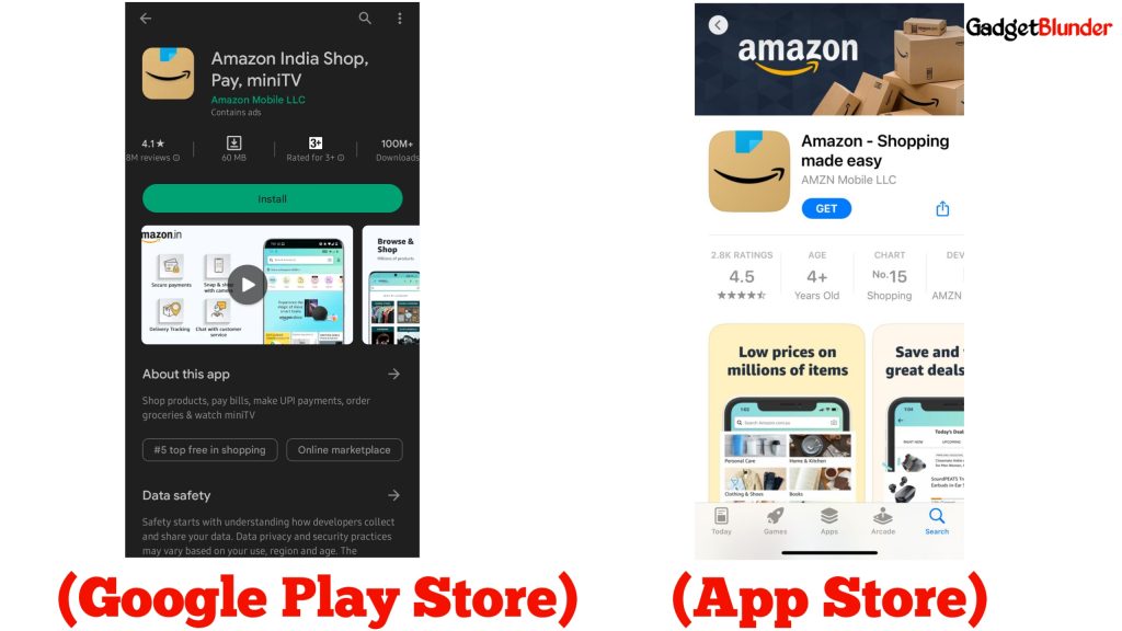 Amazon app on Google play store and App store