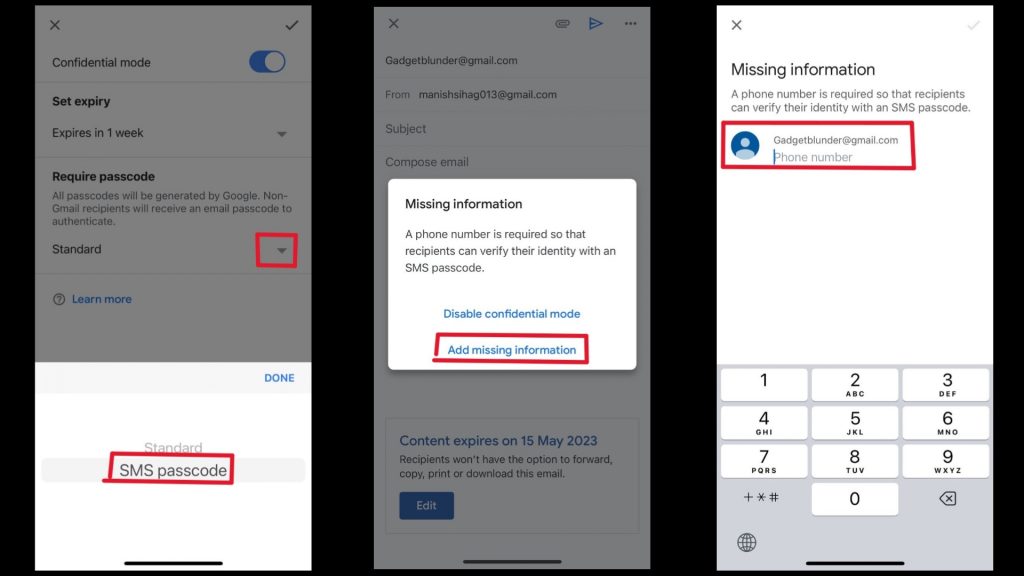 Set up SMS passcode in email on Gmail.