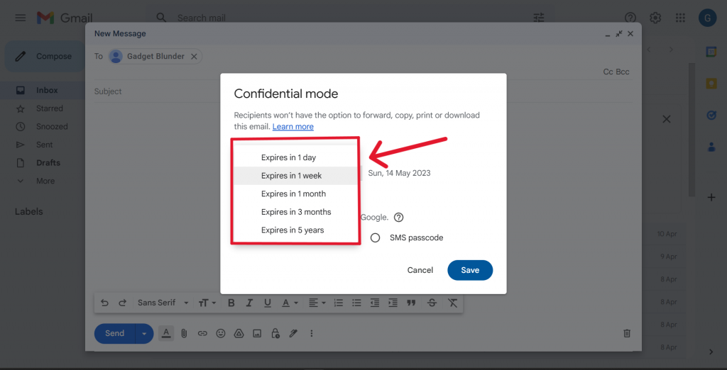 Set up expiration date to email on Gmail.