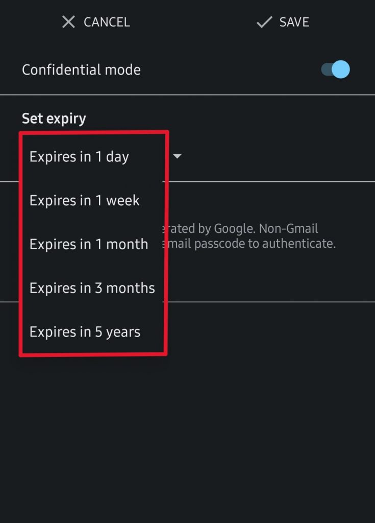 Set up expiration date to email on Gmail