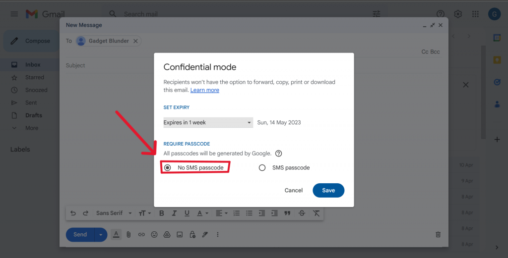 set up No SMS passcode in email on Gmail.