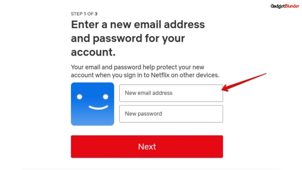 Enter New email and password to transfer Netflix profile
