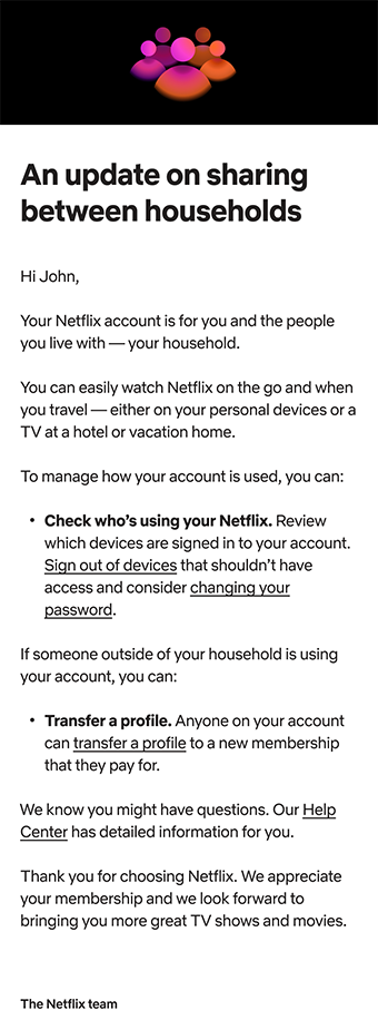 Netflix sending emails to users who share account with others